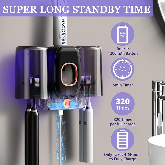 Toothbrush Holders for Bathrooms,Rechargeable Cordless Wall Mounted Tooth Brushing Holder,Electric Toothbrush Holder with 2 Cups,4 Toothbrush Slots,Toothpaste Dispenser (Black)