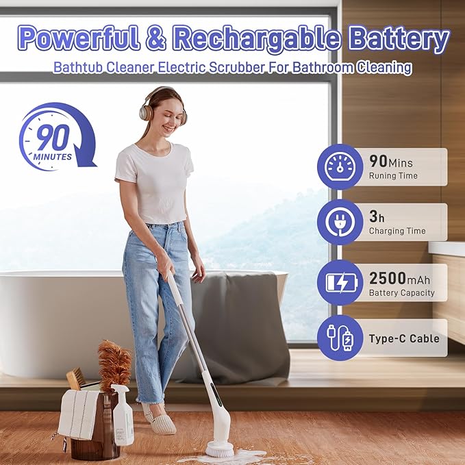 Electric Spin Scrubber - Bathtub Shower Scrubber,Bathroom Cleaning Brush with Long Handle Floor Brushes,Power Cordless Automatic Handheld Mop Cleaner for Bath Tub Kitchen Tile Grout Hardwood