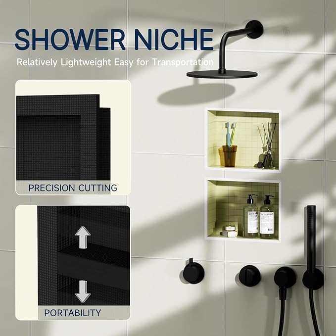 Homevacious Shower Niche 16 X 24 Inch Shower Niche Insert Tile Ready Recessed Wall Niche XPS Double Waterproof Shelf Shower Wall Bathroom Storage Box with Removable Shelf Matte Black