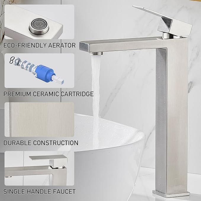 Vessel Sink Faucet, Brushed Nickel 1 Hole Single Handle Tall Bathroom Vanity Faucets, Modern Utility Rv Laundry Bath Restroom Mixer Tap with Metal Pop Up Drain and 2 Water Supply Lines