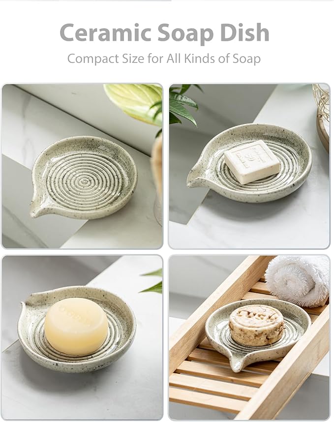 Soap Dish with Self-Draining Design, Ceramic Soap Holder with Drain Spout Soap Tray for Shower, Bathroom and Kitchen Sink, Keep Bar Soap Dry, Speckled Glaze