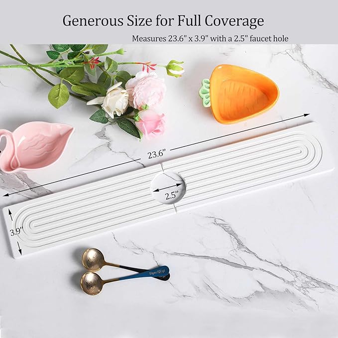 Stone Faucet Mat For Kitchen Sink, 23.6" Diatomite Quick Drying Stone Mat For Kitchen Sink, Stone Sink Splash Guard for Bathroom Counter (White)