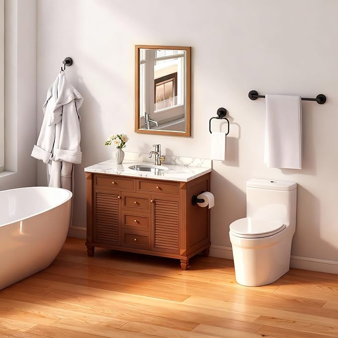 YUMORE 4-Piece Bathroom Set with Privot Toilet Paper Holder | All-in-One Wall Mounted Hardware Combo, Matte Black