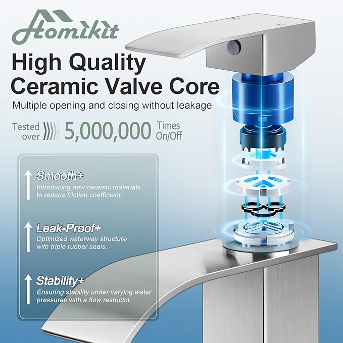 Waterfall Bathroom Faucet 3 Hole, Homikit 18/10 Stainless Steel Brushed Nickel Single Handle Bathroom Sink Faucets Set for Sink 1 or 3 Hole for RV Vanity with Drain, Hooks, Deck Plate, Hoses