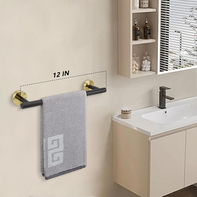 NearMoon Bath Towel Bar, Thicken Stainless Steel Shower Towel Rack Holder Wall Mounted for Bathroom,12-lnch Overall Length-10-lnch Usable Hanging Space (1 Pack, Matte Black & Gold)