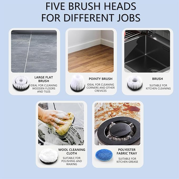 Generic Electric 𝑠𝑝𝑖𝑛 Cleaning Brush, Rechargeable Cleaning Brushes with 5 Replaceable Brush Heads, Adjustable Handle Electric Cleaning Brush, for Bathroom Bathtub and Tile Floors, White