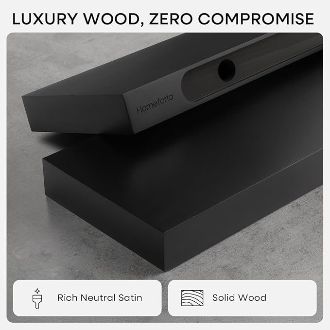 Homeforia 16 inch Black Floating Shelves, High End Solid Real Wood 16inch Bathroom Floating Shelves for Wall Mounted, 16in Wooden Small Floating Shelf, Heavy Duty Bracket, 16 X 6.5 X 1.75 in, Set of 2