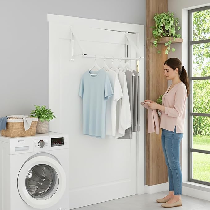 Over The Door Clothes Hanger Rack Foldable Space-Saving Over The Door Hooks for Laundry Drying Bathroom Towels & Home Office(White)