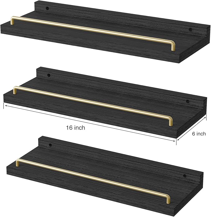 Floating Shelves for Wall Decor, Black and Gold Shelves for Bathroom, Living Room, Bedroom, Picture Frames, Plants, Kitchen (Set of 3)