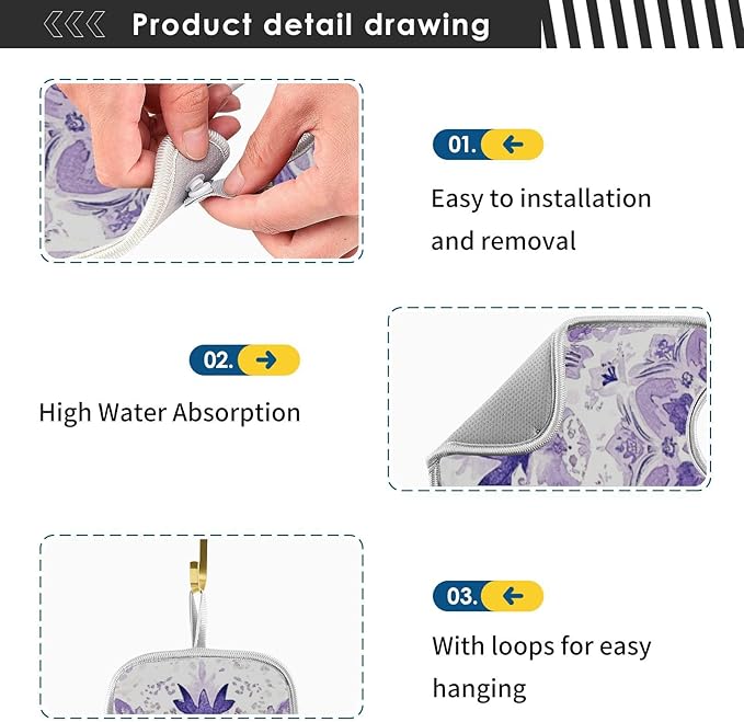 Sink Faucet Absorbing Mat Kitchen Sink Splash Guard Splash Faucet Drip Catcher for Bar RV Bathroom 2PCS 30x5.5in Lavender Flowers Teal Mandala Purple