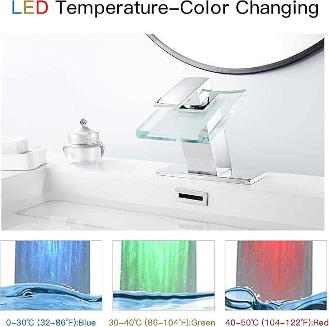 Bathroom Waterfall Faucet Chrome LED Glass Spout with Overflow Drain Stopper Single Handle One Hole Modern Design Bath Basin Tap 3 Color Changing Battery Powered Lavatory Vanity Sink Deck Mount