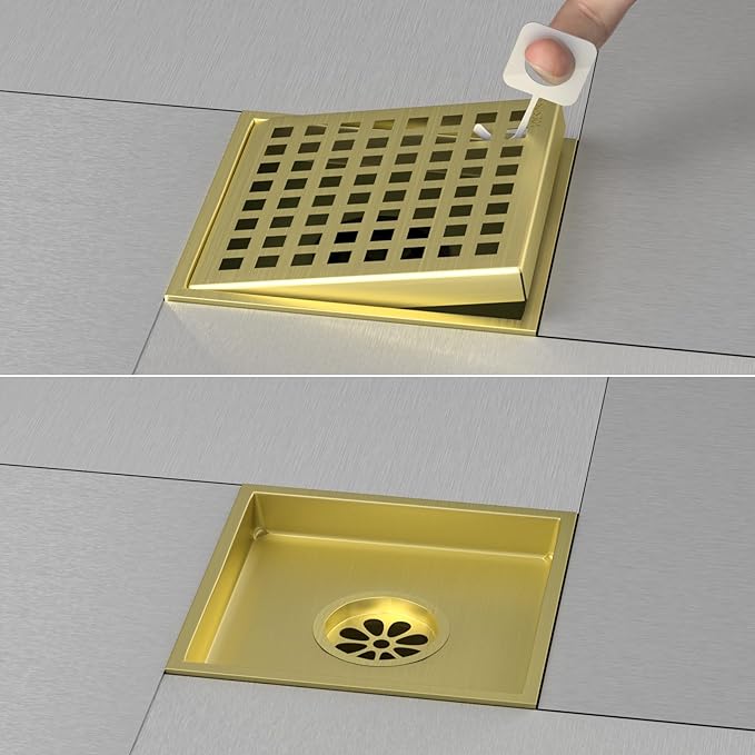 6 Inch Square Shower Drain, Shower Floor Drain with with Removable Square Hole Cover, 304 Stainless Steel Bathroom Drains with Flange (Brushed Bronze)