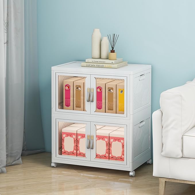 Large Clear Stackable Storage Bins with Lids, 90QT-45QT*2Tier Foldable Cabinet for Closet Organizers, Plastic Storage Box with Wheels White