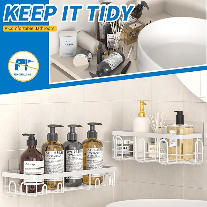 Shower Caddy 18 Pack,Adhesive Organizer for Bathroom Decor Accessories & Kitchen Storage,No Drilling,Large Capacity,Rustproof Stainless Steel Organizer,Home Decor Shelves (White 18 Pack)