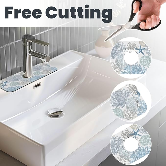 Ocean Sea Shell Starfish Coral Coastal Nautical Kitchen Sink Splash Guard Faucet Mat 1 Pcs, Absorbent Fast Drying Mat Gadgets Splash Guard For Bathroom 15 X 5.5 Inches