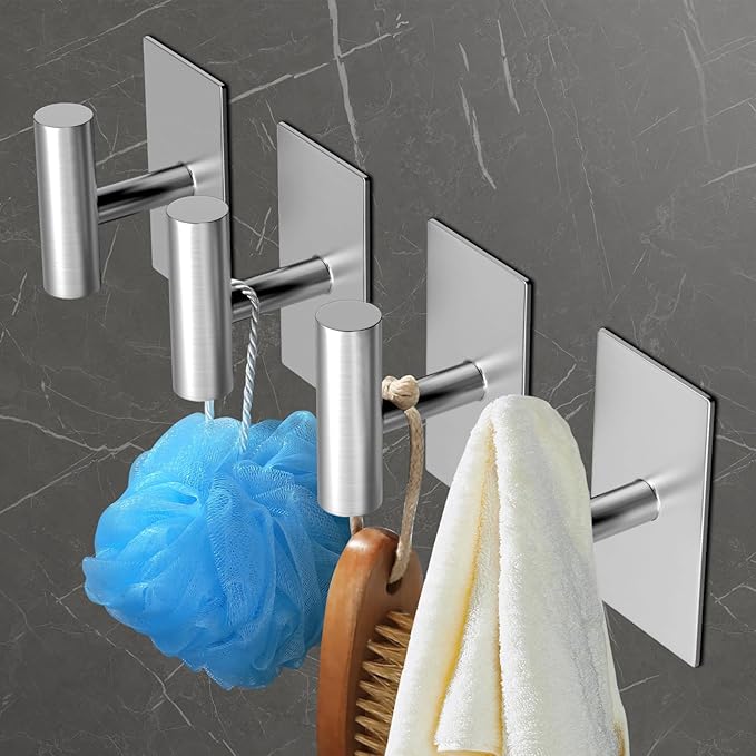 PMMASTO Adhesive Hooks, Matte Silver Stainless Steel Sticky Hooks for Hanging, Self Adhesive Shower Wall Hooks, Towel Hooks Heavy Duty for Bathroom, Bedroom RV and Kitchen- 4 PC
