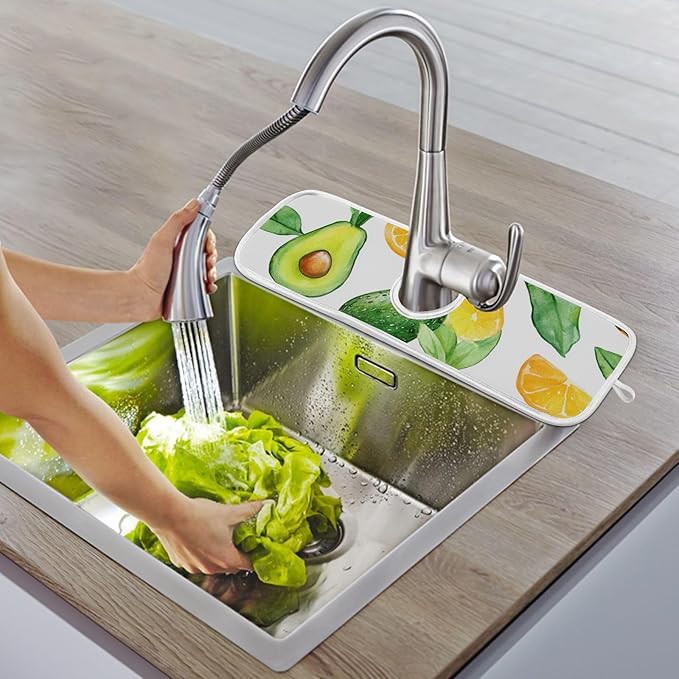 Sink Faucet Absorbing Mat Kitchen Sink Splash Guard Splash Faucet Drip Catcher for Bar RV Bathroom 2PCS 23.6x5.5in Cartoon Green Avocados Pineapples