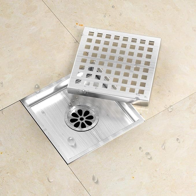 6 Inch Square Shower Drain, Shower Floor Drain with with Removable Square Hole Cover, 304 Stainless Steel Bathroom Drains with Flange (Brushed Nickel)
