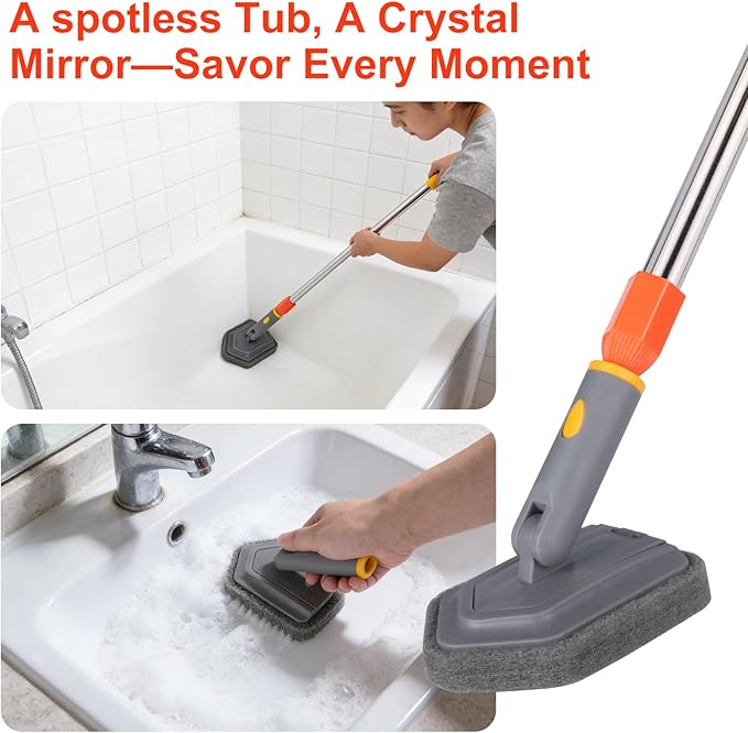 BITOPE Tub Scrubber with 3 Types of Brush Heads, Long Handle Shower Cleaning Brush, Stiff Bristles Brush & Sponge for Cleaning Bathtub, Wall, Tile, Bathroom, Grout line, Floor Gap