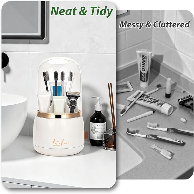 360 Rotating Toothbrush Holders for Bathrooms, 7-Slot Toothbrush Holder with Cover & Drainage, Bathroom Countertop Organizer for Electric Toothbrushes, Toothpaste & Makeup Brushes