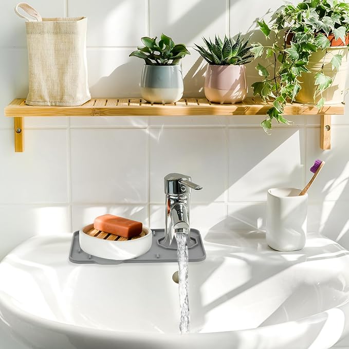 2Pcs Silicone Sink Faucet Splash Guard Mat, Soap Dish Pad Faucet Handle Drip Catch Sponge Holder Sink Protector Tray with Outlet & Slope for Bathroom Kitchen Countertop RV Gadget 8.3 x 5.3 Inch