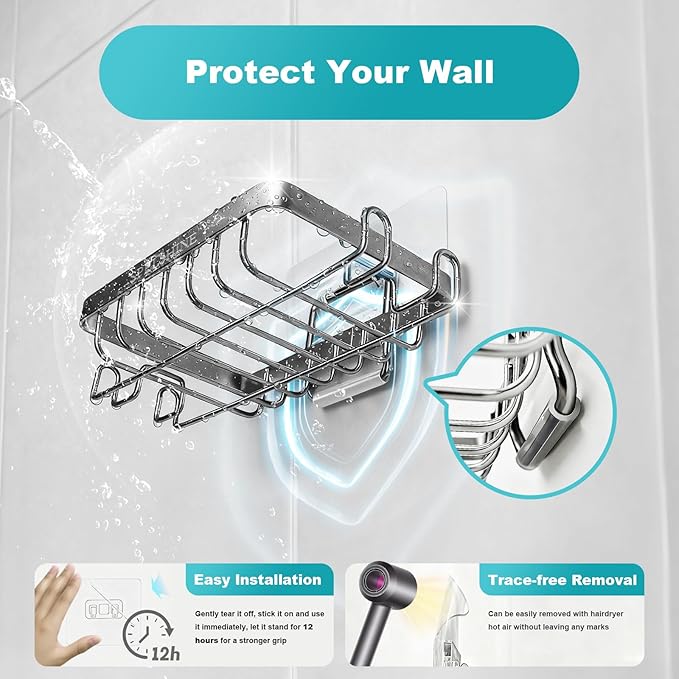 White Silver Soap Dish for Shower 2 Pack, Suction Cup Square Shower Soap Holder - 304 Stainless Steel Silver Soap Saver - Comfortable Essential for Apartment, Home and Dormitory