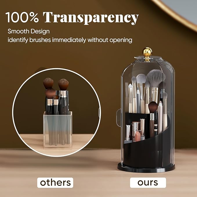 Delamu Covered Toothbrush Holder with 180° Dustproof Sliding Lid, Toothbrush Organizer with 360° Smooth Rotating Base, 3 Slots Makeup Brush Organizer for Vanity, Black