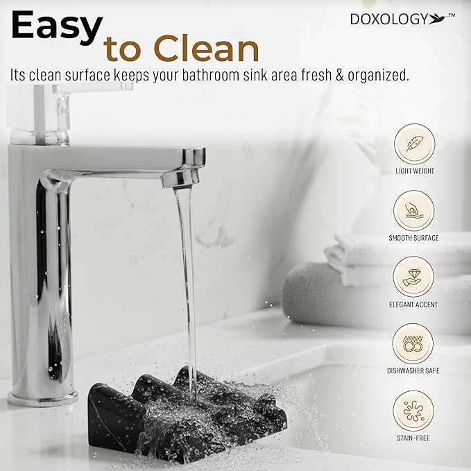 DOXOLOGY Black Marble Soap Dish Bathroom Organizer - Resin Soap Dish with Rectangular Design 3.7" L x 2.8" W - Self Draining Soap Dishes Keeps Countertop Neat - Marble Look Soap Tray for Sink
