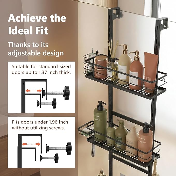 Over The Door Shower Caddy, 304 Stainless Steel Hanging Bathroom Organizer, Pantry Organizer & Kitchen Storage Rack with 3 Adjustable Shelves, No Drilling Hanging Shelf with 14 Hooks, Black