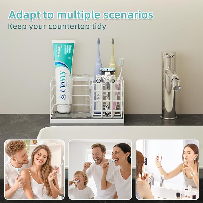 Toothbrush Holders, Bathroom Organizers and Storage with Instant Drying Stone, 6 Slots Bathroom Accessories with Adjustable Toothpaste Holders, Bathroom Counter Organizer, White