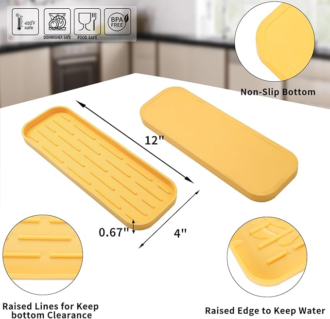Silicone Kitchen Sink Organizer Tray for Multiple Usage,Easy Clean,Eco-Friendly Sponges Holder for Kitchen Bathroom Counter or Sink,Dish Soap Dispenser,Scrubber,Bottle,Cup Yellow 12" x 4”