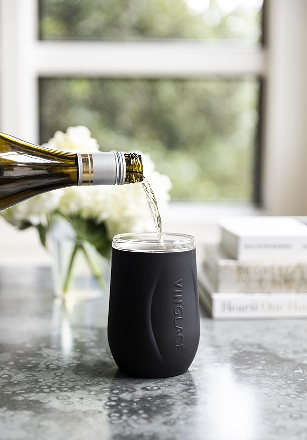 Vinglacé Stainless Steel Stemless Wine Glass- Insulated Wine Tumbler with Glass Insert and Sip Lid, 10 oz, Black