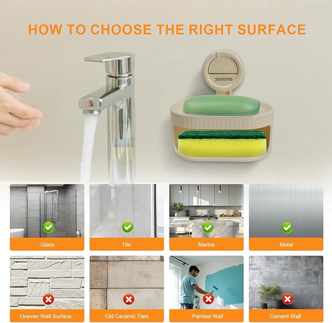 Suntree Soap Dish for Shower, Milky White Suction Cup Soap Holder with Self-Draining Design and Sponge Tray, No Drilling Bathroom & Kitchen Storage