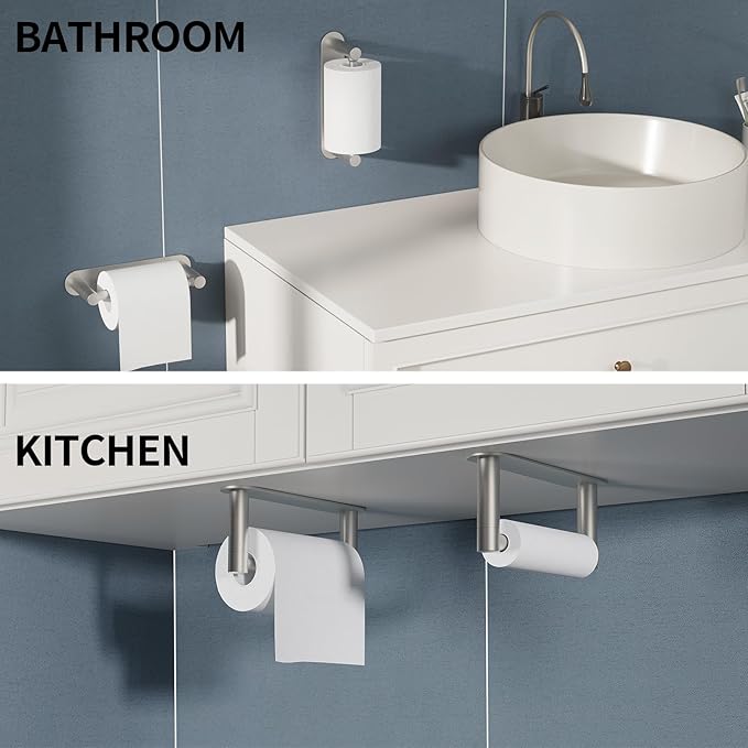 Adhesive Toilet Paper Holder, Self Adhesive Double Post Pivoting Toilet Tissue Holder, Stick on No Drilling Toilet Paper roll holder for Bathroom, Stainless Steel and Zinc Alloy, Brushed Nickel, 2Pack