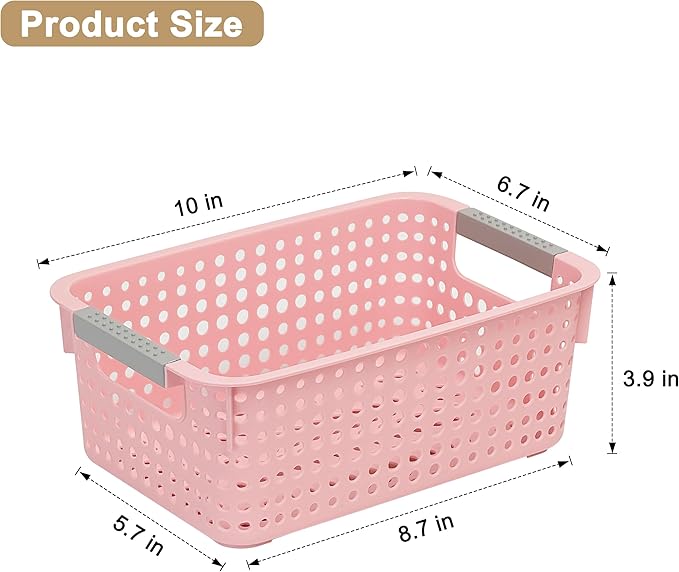 4 Pack Fully Hollow Plastic Organizer Basket with Handles, Multi-Purpose Organizer for Under Bathroom Sink,Kitchen Cabinet, Ideal for Toiletries (Pink, Small)