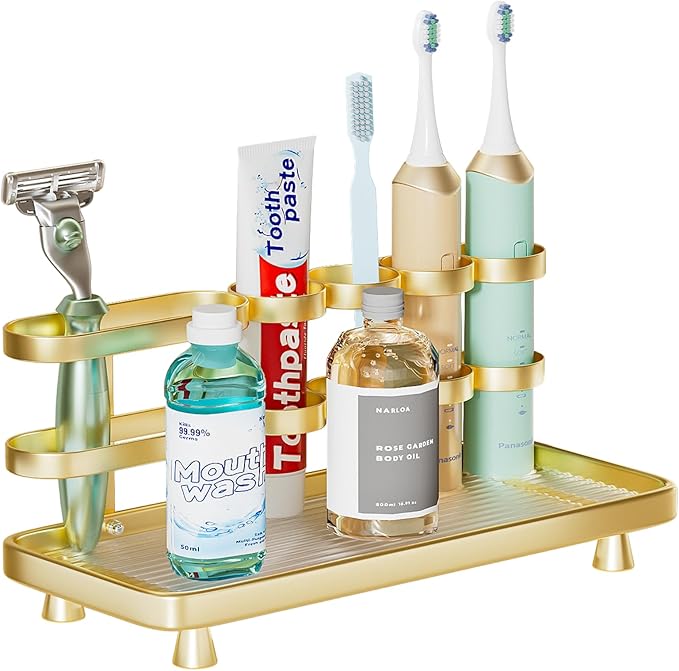 Electric Toothbrush Holder for Bathroom Countertop 5 Metal Slots Toothpaste Razor Mouthwash Organizer, Gold