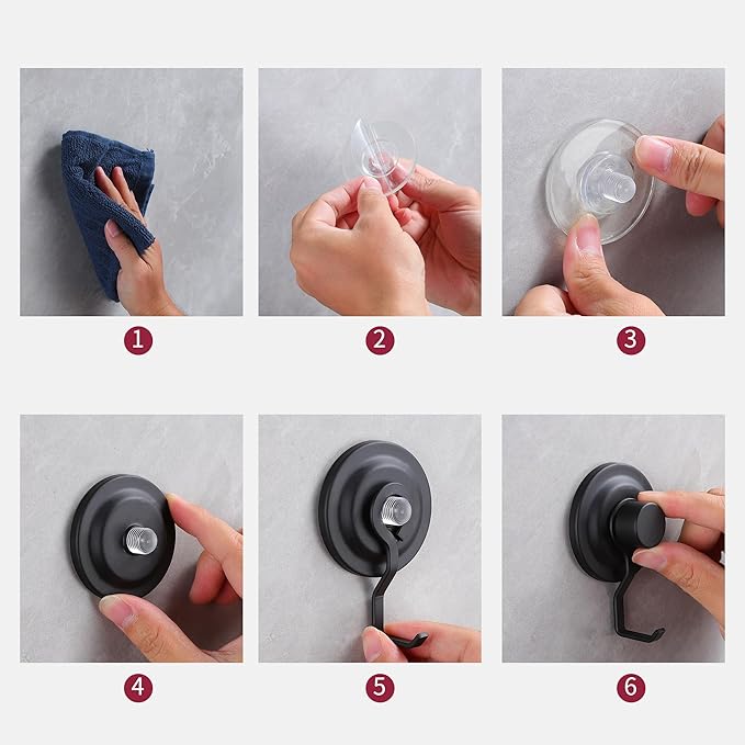 YIGII Suction Cup Towel Hooks - Hanging Hooks on Glass Mirror, Shower Hooks Without Drilling Hanging Loofah, Shower Brush, Robe – Waterproof & Rustproof, Matte Black (4-Pack)