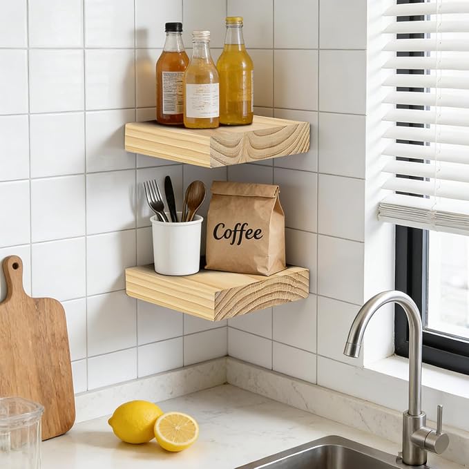 Floating Wall Shelves 6.8x6.8x1.7 Inch – Solid Wood Square Shelves in Natural Wood Finish – Rustic Mini Display Shelves for Entryway, Bathroom, Small Spaces – Set of 2