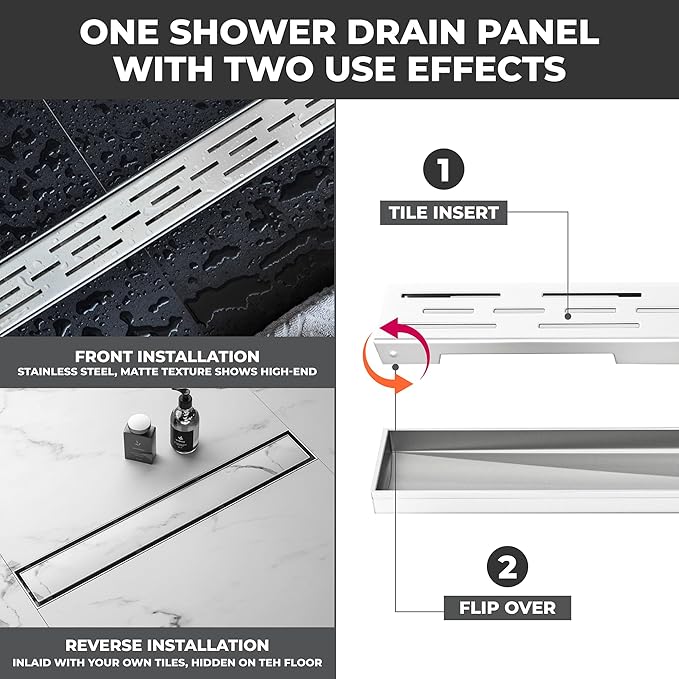 36 Inch Rectangular Linear Shower Drain Set with Brick Pattern Grate, 304 Stainless Steel Bathroom Floor Drain with Hair Catcher, Shower Floor Drain Includes Adjustable Leveling Feet