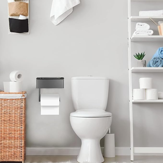Toilet Paper Holder with Shelf - SUS304 Stainless Steel Toilet Paper Storage with Wipes Dispenser & Toilet Paper Roll Holder Wall Mount for Bathroom Storage, No Drill to Install - Matte Black