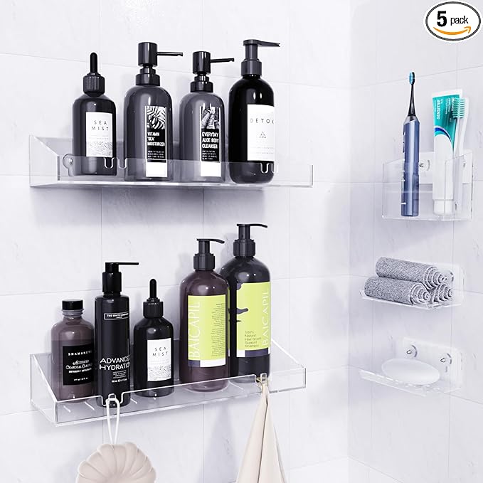 Adhesive Shower Caddy, 5 Pack Acrylic Shower Shelves Bath Organizers With Large Capacity, No Drilling Shelves for Bathroom Storage