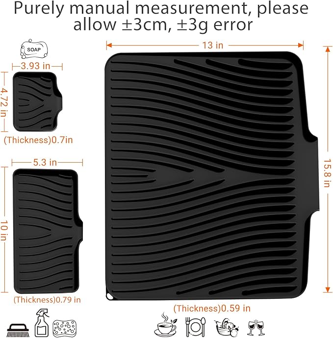 Silicone Dish Drying Mat for Kitchen Counter, Dish Drying Pad, Non-Slip Drain Pad with Built-in Drain, Heat Resistant Stone Drying Mat, Black-1Set