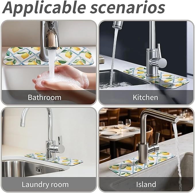 Kitchen Sink Splash Guard，Tiles and lemons Faucet Mat Sink Gadgets-Super Absorbent Fast Drying Mat Drip Catcher for Kitchen, Bathroom,Sink Mat, Dish Drying Mat, Bathroom(15" X 5.5" )