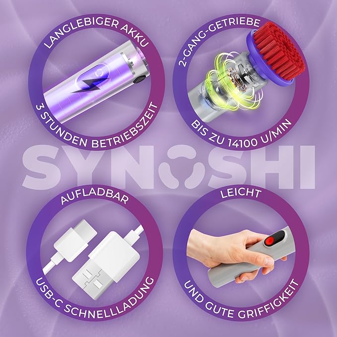 Synoshi PRO Electric Spin Scrubber Bundle – Shower Scrubber with Long Handle Extension & Cone Brush Heads – Bathroom Scrubber, Floor Scrubber & Bathtub Scrubber Electric Cleaning Tool