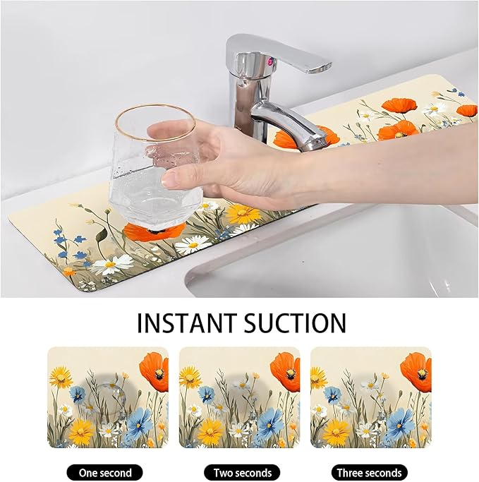 Bimkole 2 PCS Faucet Absorbent Mat, Kitchen Faucet Sink Splash Guard Wraparound Cloth Pads Drip Catcher for Sink Faucet for Kitchen Bathroom Faucet, Colorful Faucet Mat, 15 x 4 Inch Flower A5