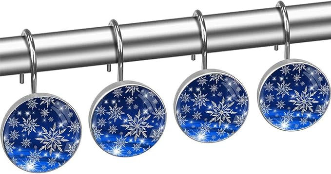 Christmas Snowflake Shower Curtain Hooks 12 Pcs, Rust Proof Glass Surface Stainless Steel Curtain Rings for Bathroom Bedroom Living Room Kitchen Home Shower Rods Decor