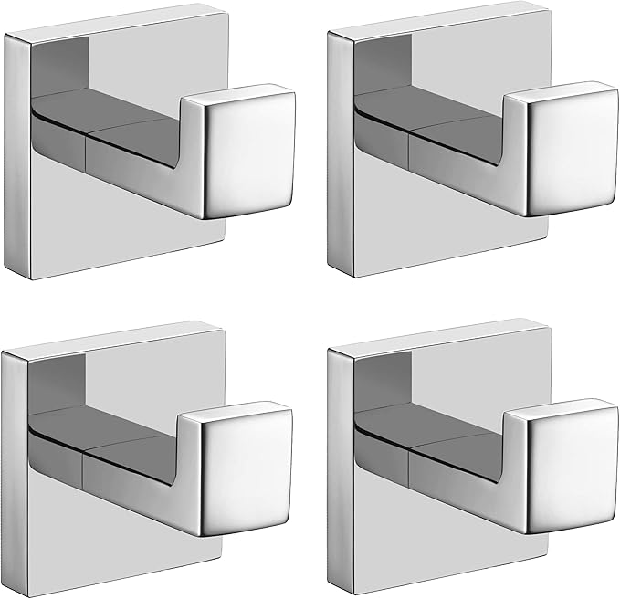 Nolimas Towel Hook Stainless Steel Bathroom Rustproof Clothes Towel Coat Hook Wall Mounted Square Toilet Kitchen, Heavy Duty Door Hanger, 4 Pack, Chrome Polished