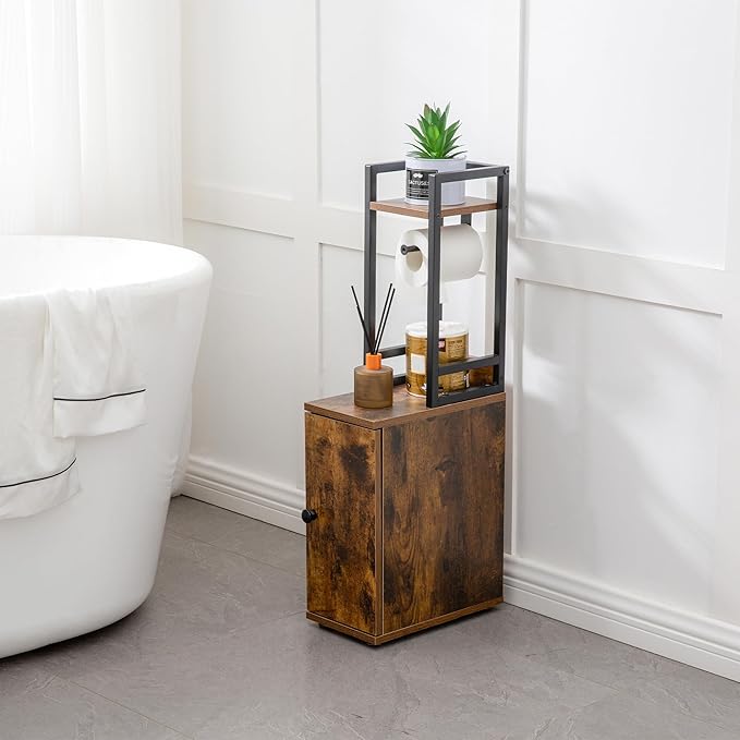 Small Narrow Bathroom Storage Cabinet w/Toilet Paper Roll Holder, Slim Toilet Paper Storage for Bathroom, Brown