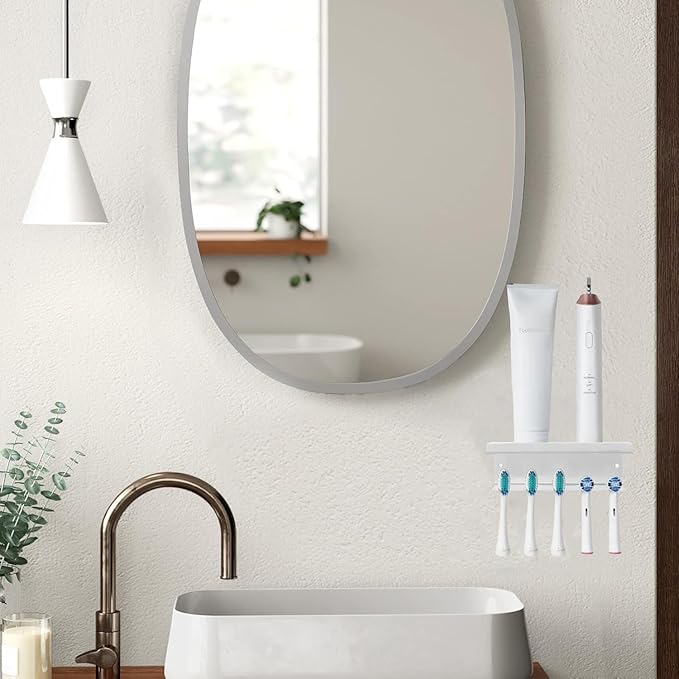 Wall Mounted Toothbrush Holder for Bathroom Shower, 5 Slots Aluminum Self-Adhesive Tooth Brush, Toothpaste Organizer Hanger Compatible with Colgate Extra Clean, Oral-B CrossAction, etc (White)