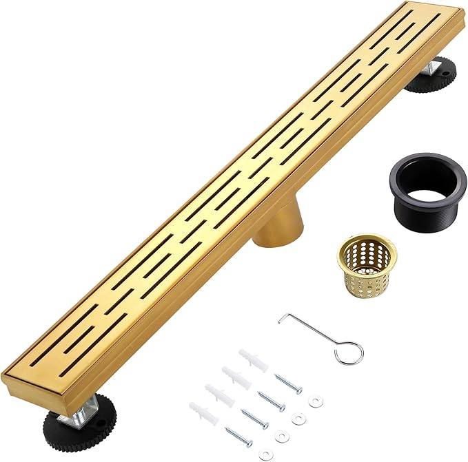 24 Inch Linear Shower Drain, Brushed Brighter Gold Shower Drain,Removable Grate, 304 Stainless Steel, Easy to Install and Clean for Bathrooms (Drain Base Not Included), LSD-01A-24BG